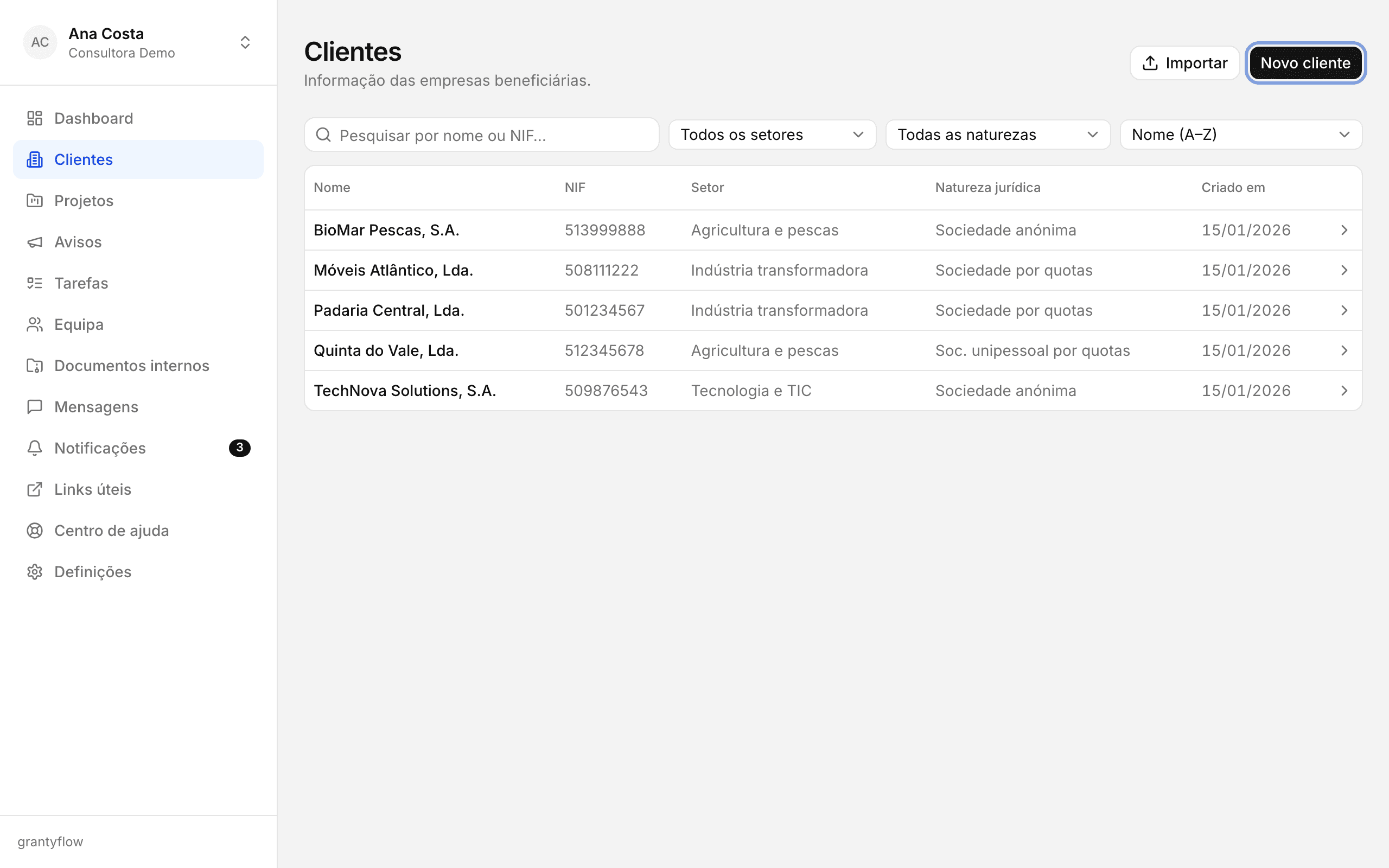 Página Clientes com o botão Novo cliente destacado