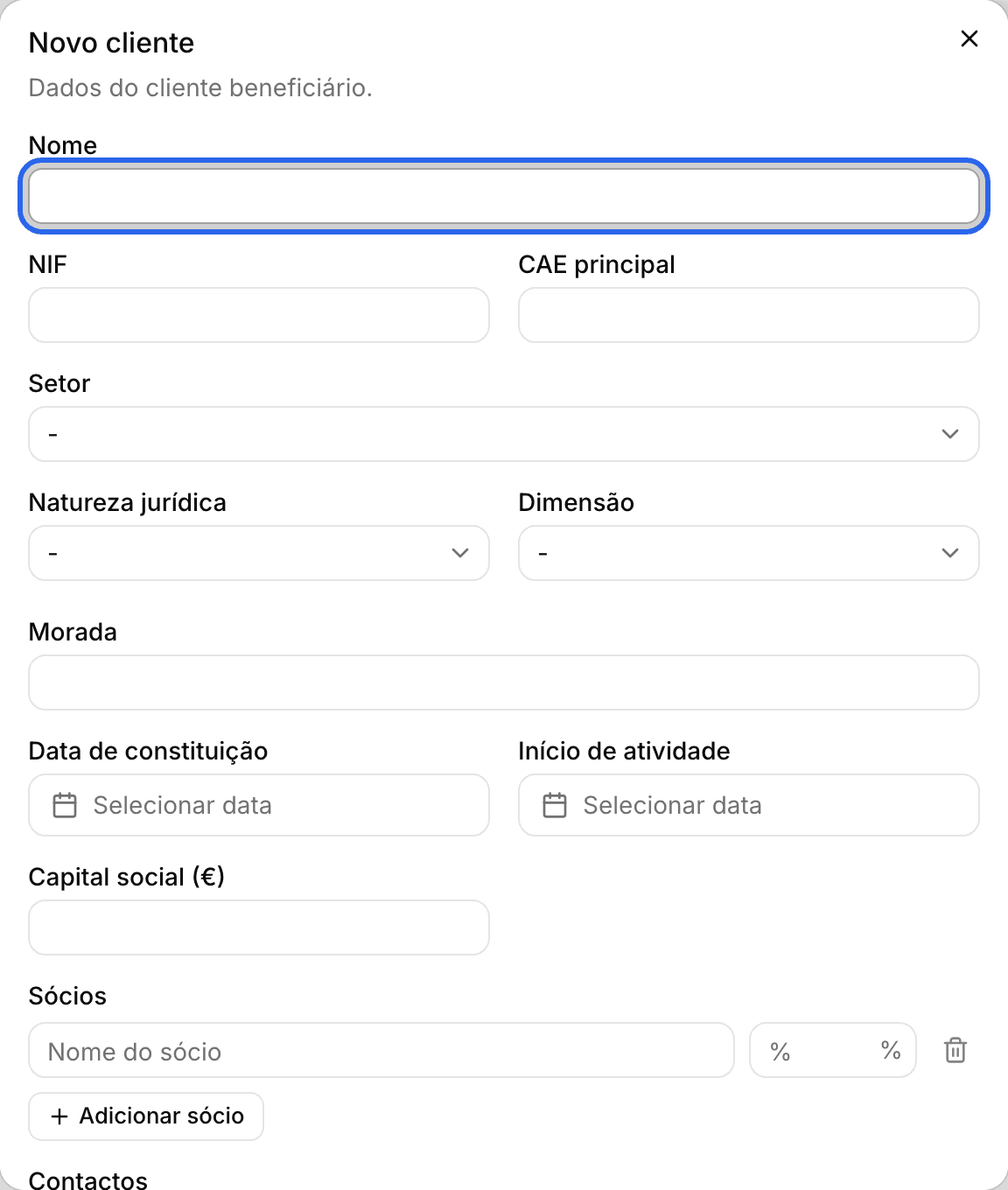Formulário Novo cliente com o campo do nome destacado