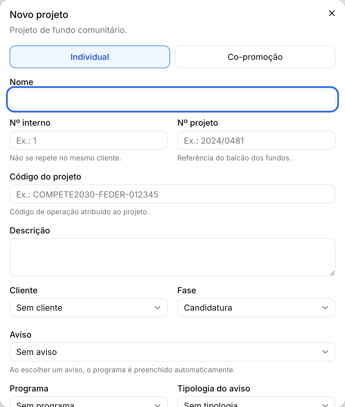 Formulário Novo projeto com o campo Nome destacado