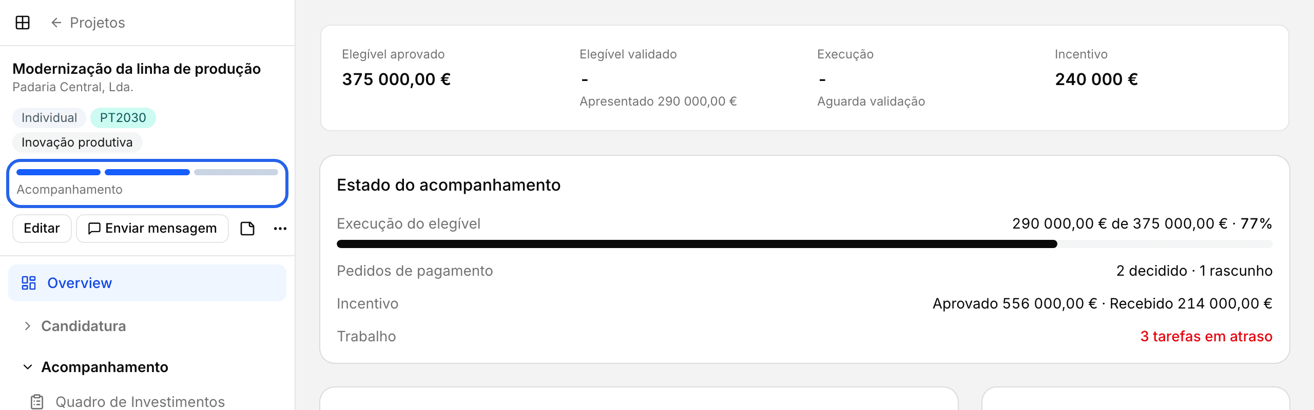 Topo do menu de um projeto com a barra das três fases destacada