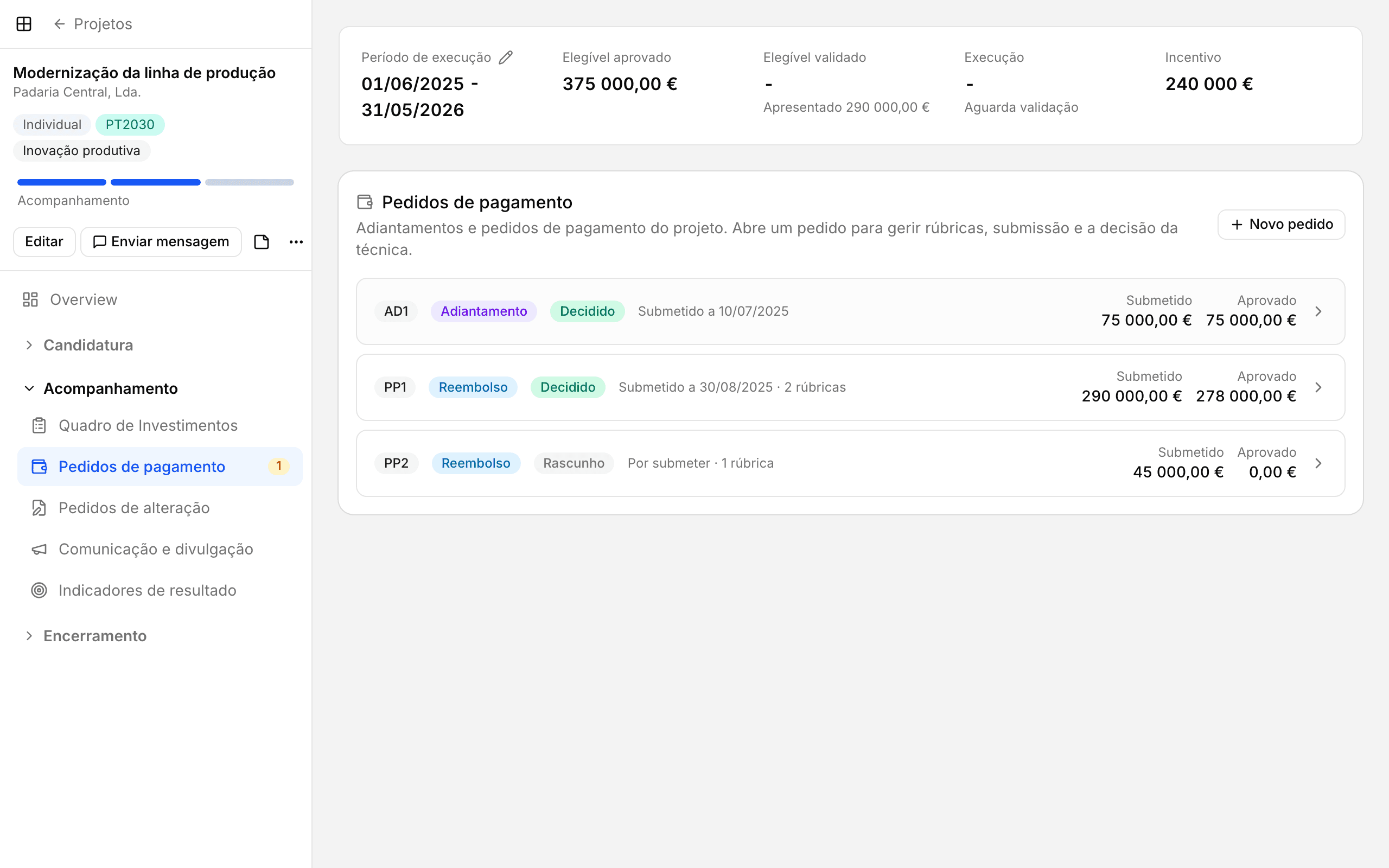 Página de um pedido de pagamento com as rúbricas, submissão e decisão