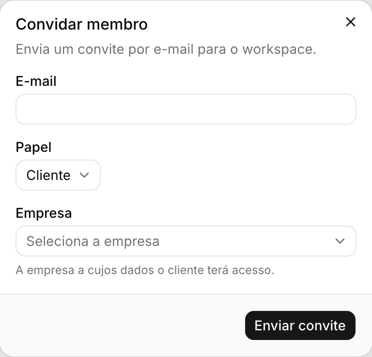 Formulário de convite com o papel Cliente e o campo para escolher a empresa